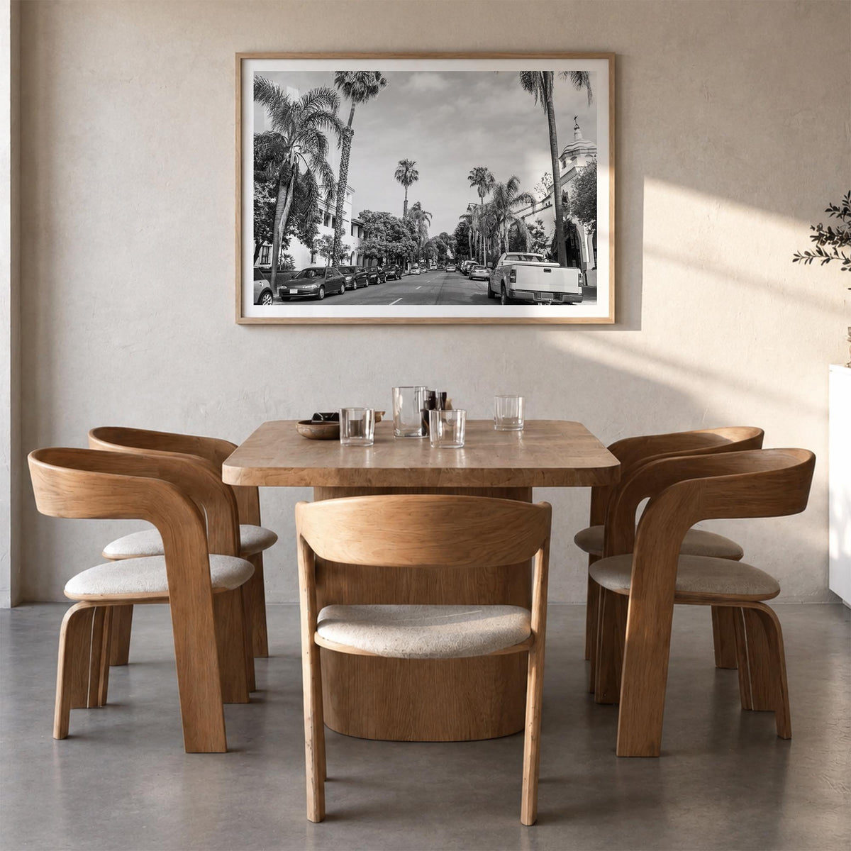 Santa Barbara black & white photo poster of California, USA – horizontal wall art in natural wood frame with white border, ha