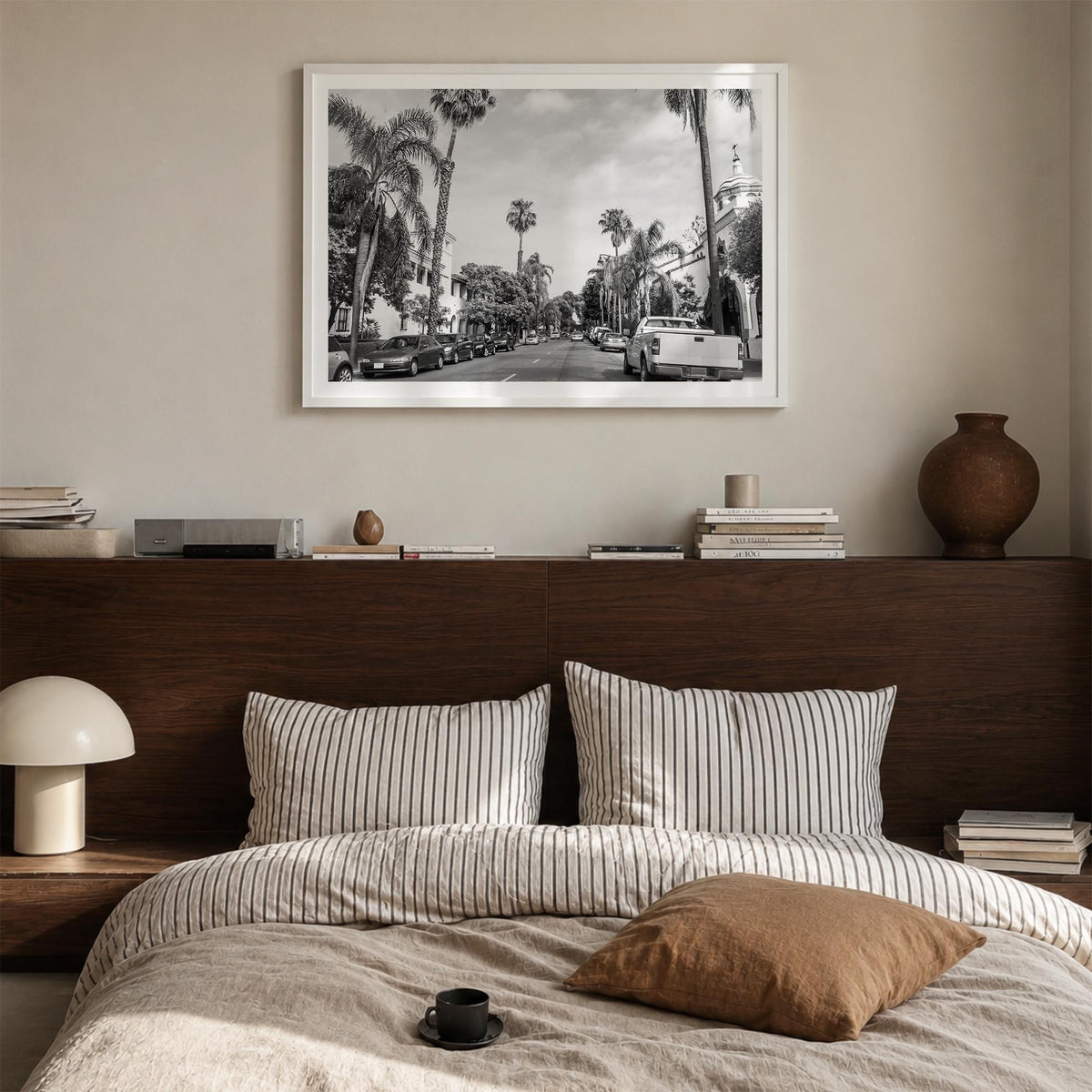 Santa Barbara black & white photo poster of California, USA – horizontal wall art in white wood frame with white border, hang