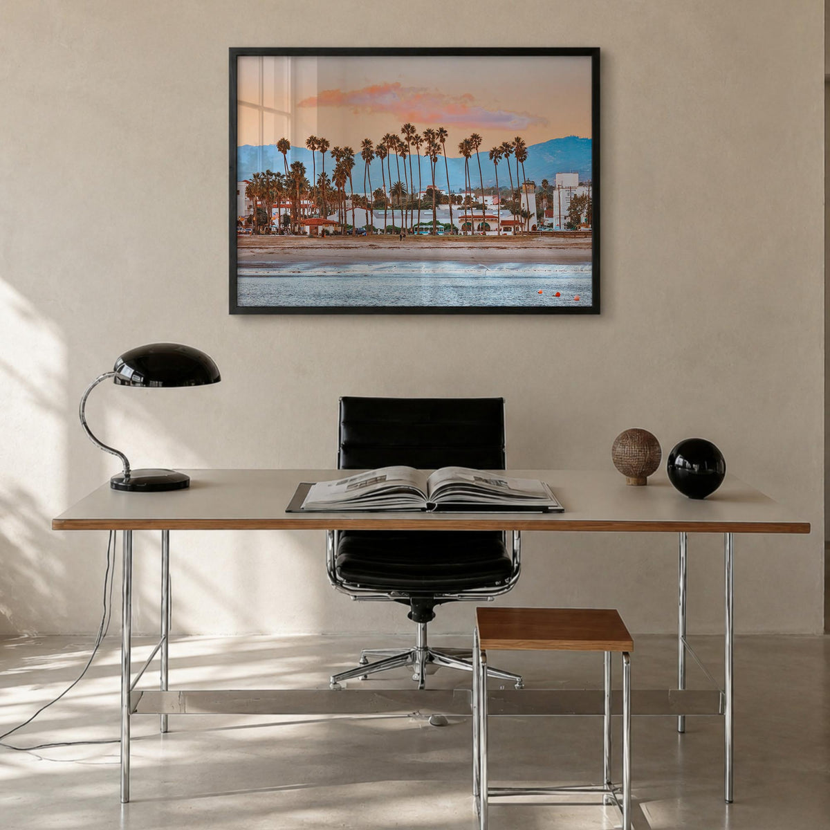 Santa Barbara colorful photo poster of California, USA – horizontal wall art in black wood frame, hanging on wall