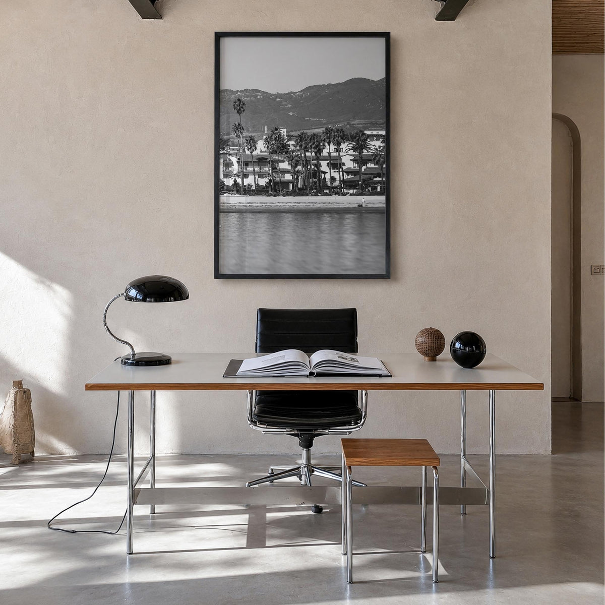 Santa Barbara no. 1 black & white photo poster of California, USA – vertical wall art in black wood frame, hanging on wall