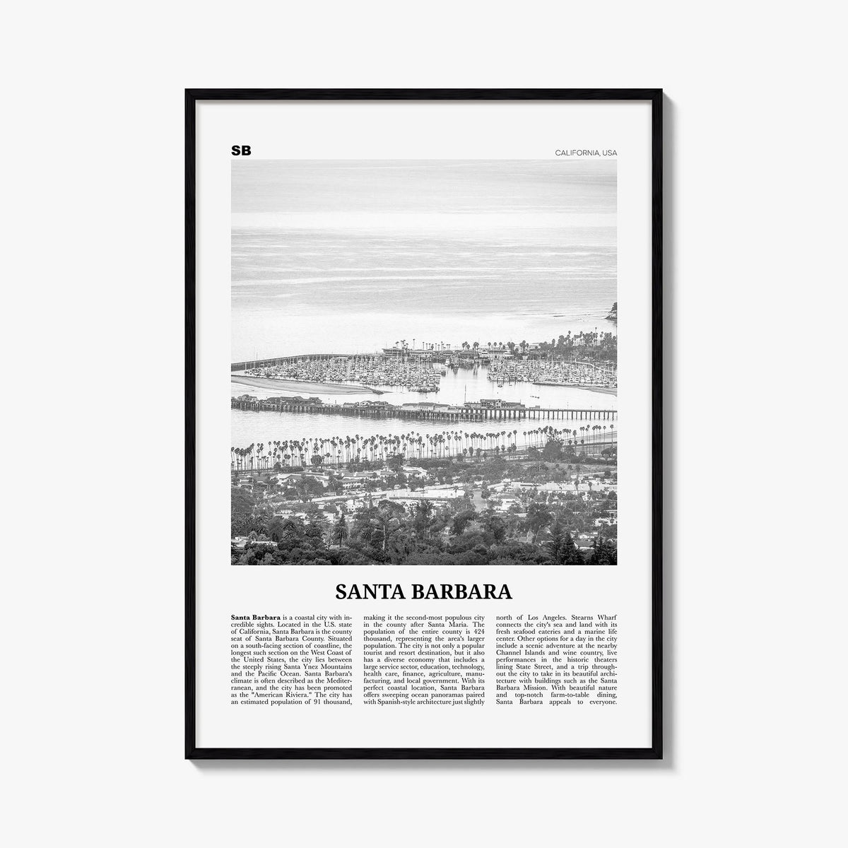 Santa Barbara no. 2 black & white newspaper poster of California, USA – vertical wall art, unframed print shown in interior m
