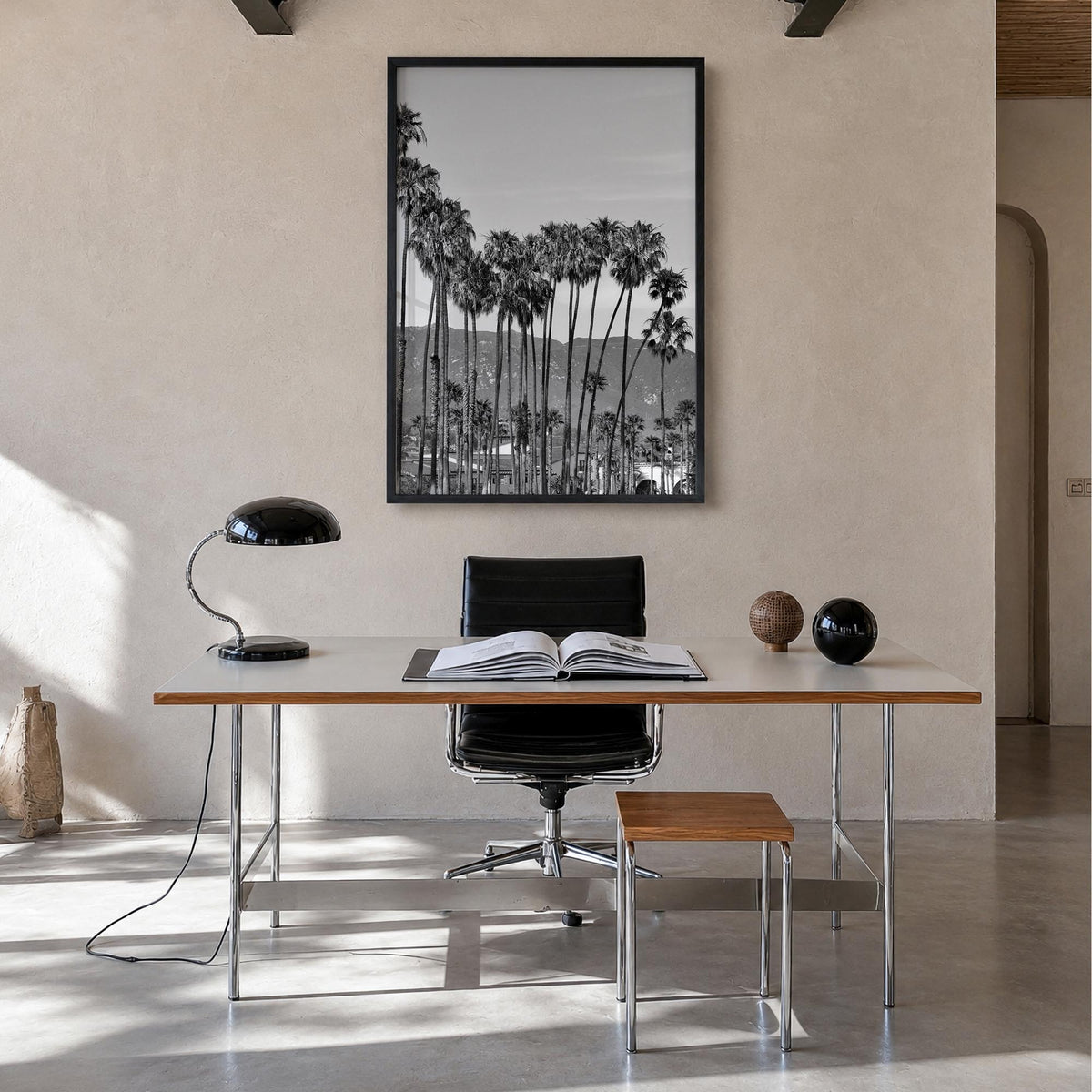 Santa Barbara no. 2 black & white photo poster of California, USA – vertical wall art in black wood frame, hanging on wall