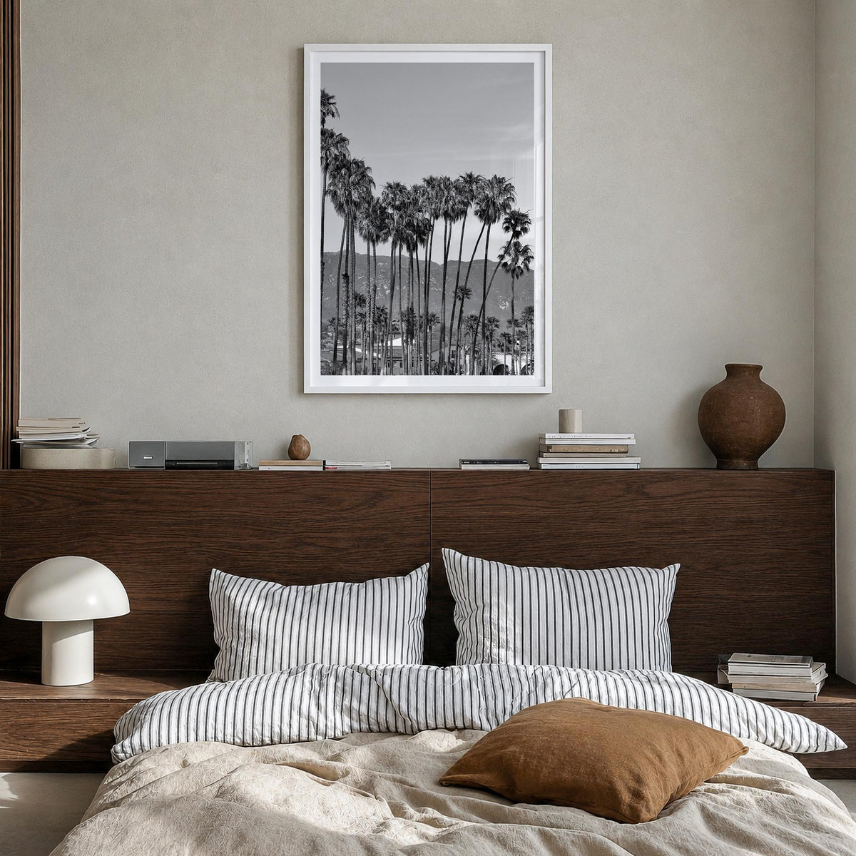 Santa Barbara no. 2 black & white photo poster of California, USA – vertical wall art in white wood frame with white border,