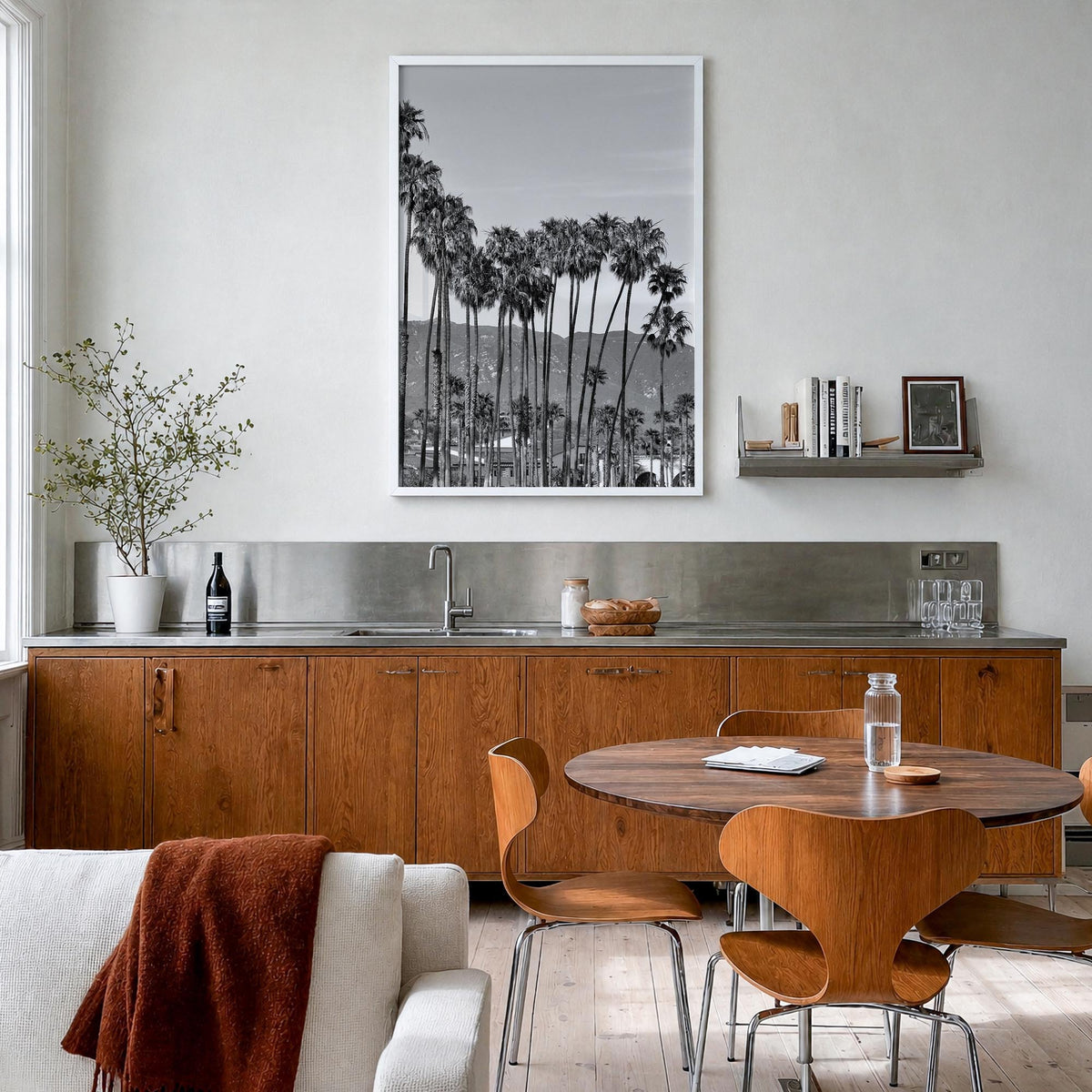 Santa Barbara no. 2 black & white photo poster of California, USA – vertical wall art in white wood frame, hanging on wall