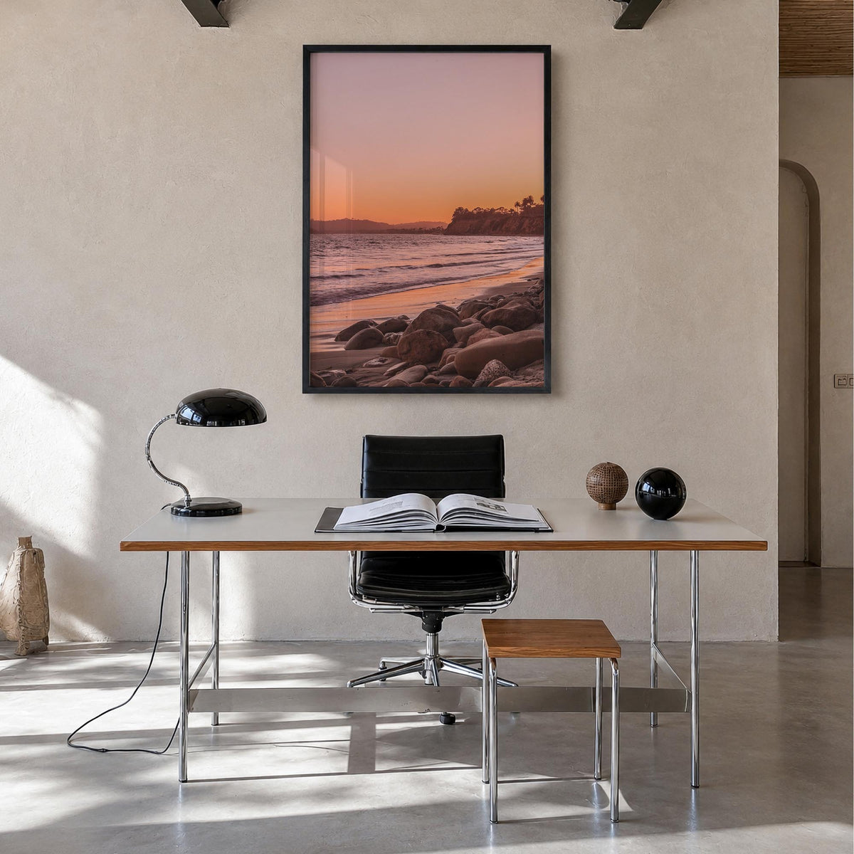 Santa Barbara no. 2 colorful photo poster of California, USA – vertical wall art in black wood frame, hanging on wall