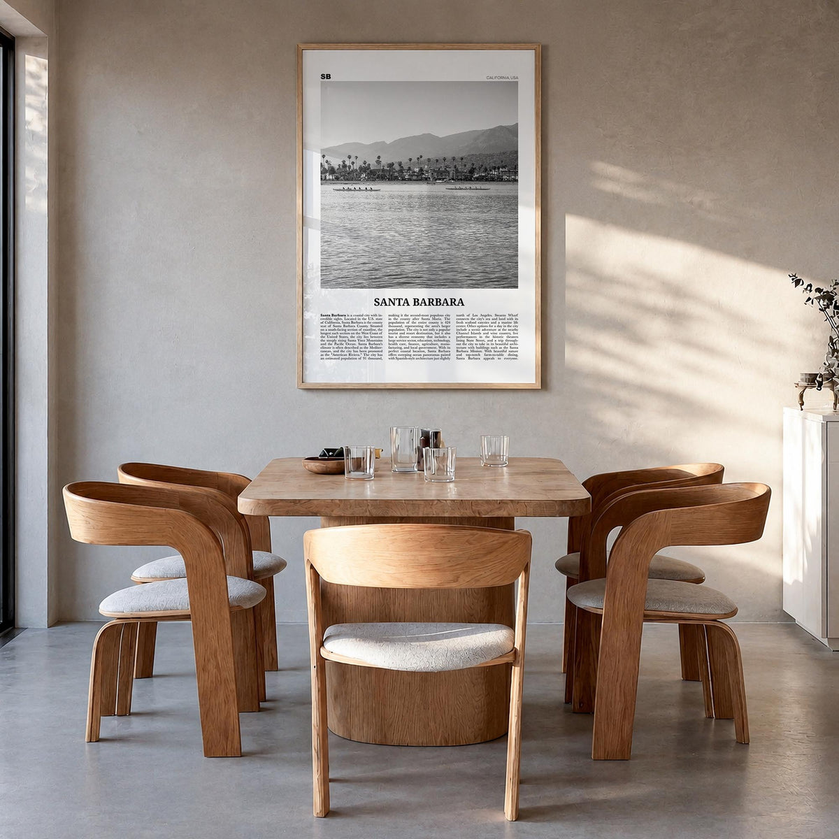 Santa Barbara no. 3 black & white newspaper poster of California, USA – vertical wall art in natural wood frame, hanging on w