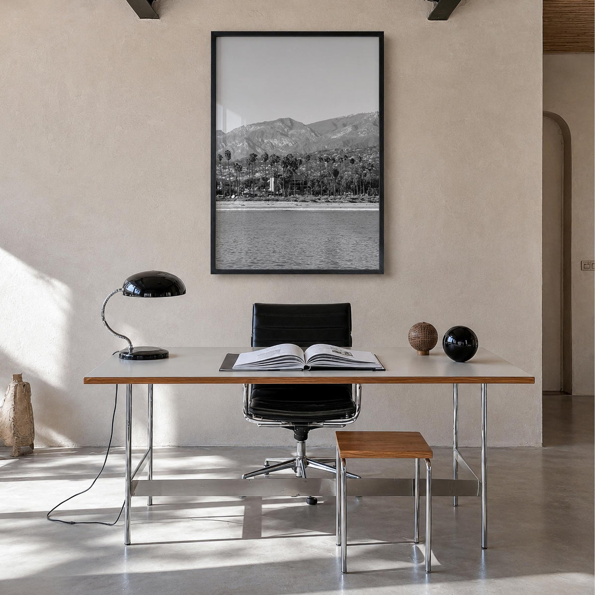 Santa Barbara no. 3 black & white photo poster of California, USA – vertical wall art in black wood frame, hanging on wall