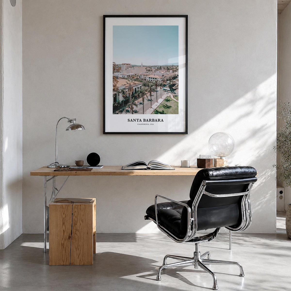 Santa Barbara no. 3 colorful classic poster of California, USA – vertical wall art in black wood frame, hanging on wall