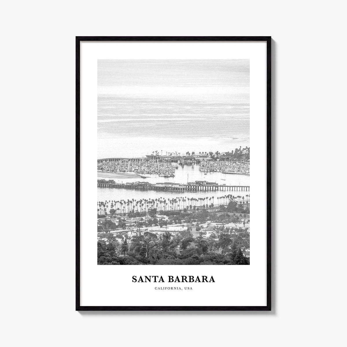 Santa Barbara no. 4 black & white classic poster of California, USA – vertical wall art, unframed print shown in interior moc
