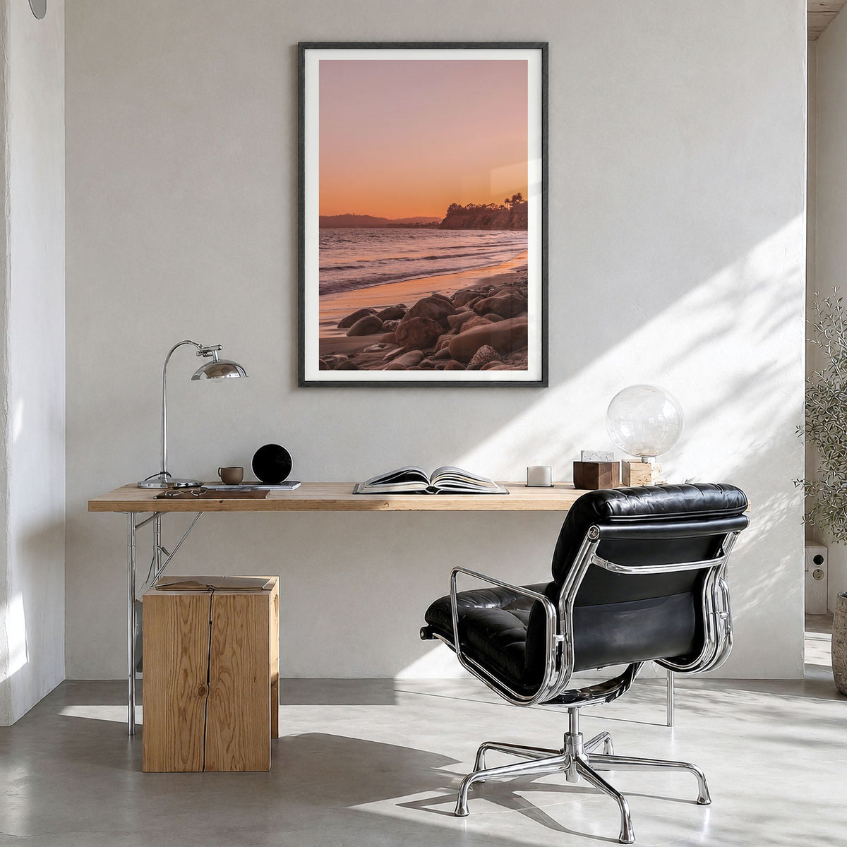 Santa Barbara Photo No 2 Poster in a black wood frame, hanging in a bright home office, white border
