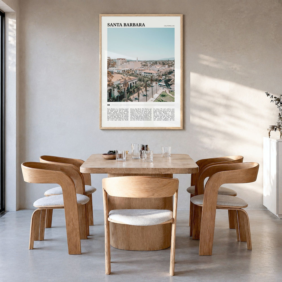Santa Barbara Travel No 3 Poster in a natural wood frame, hanging in a dining room