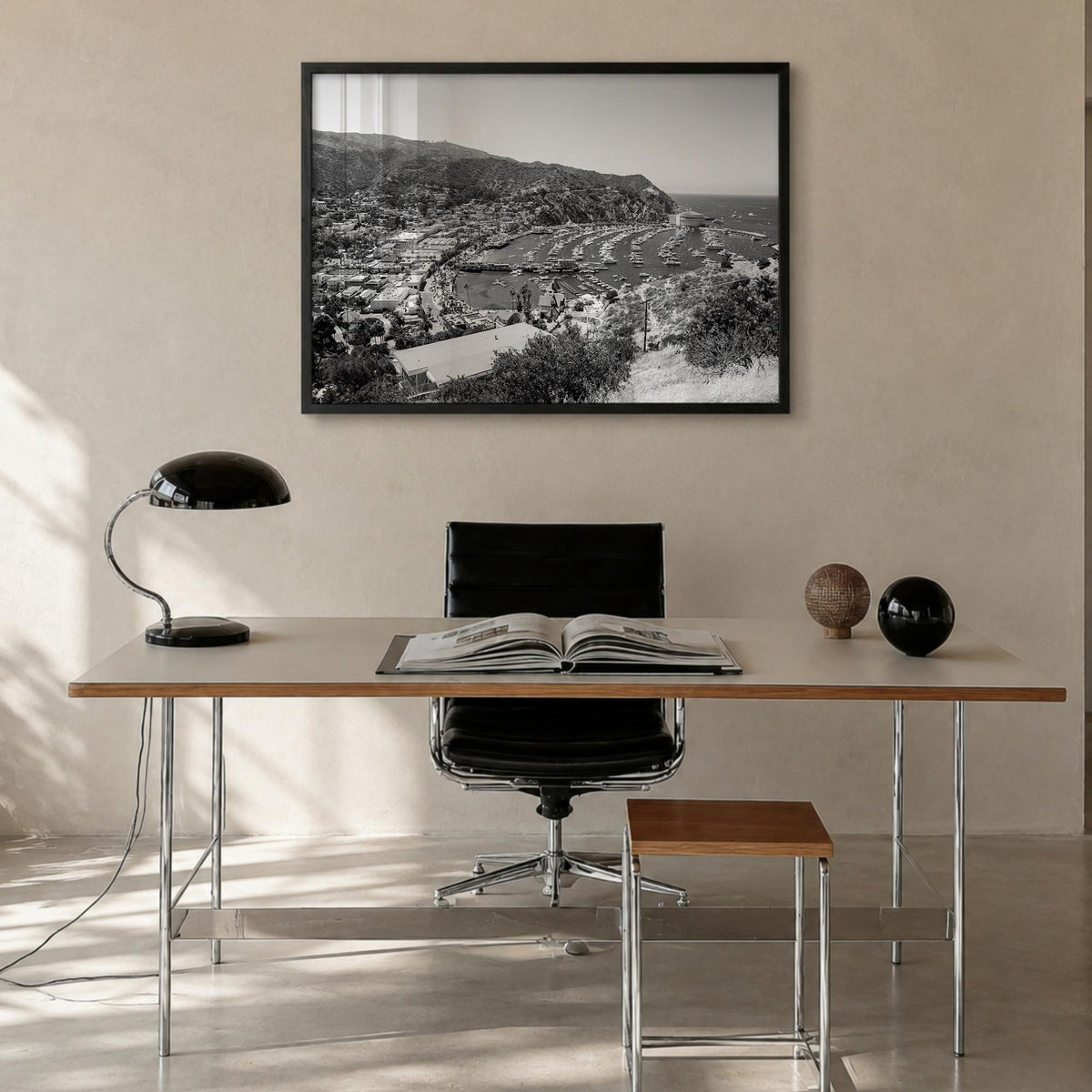 Santa Catalina Island black & white photo poster of California, USA – horizontal wall art in black wood frame, hanging on wal