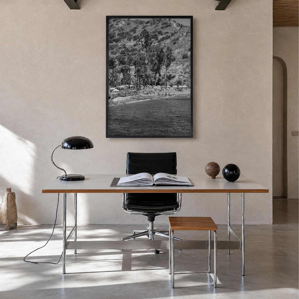 Santa Catalina Island black & white photo poster of California, USA – vertical wall art in black wood frame, hanging on wall