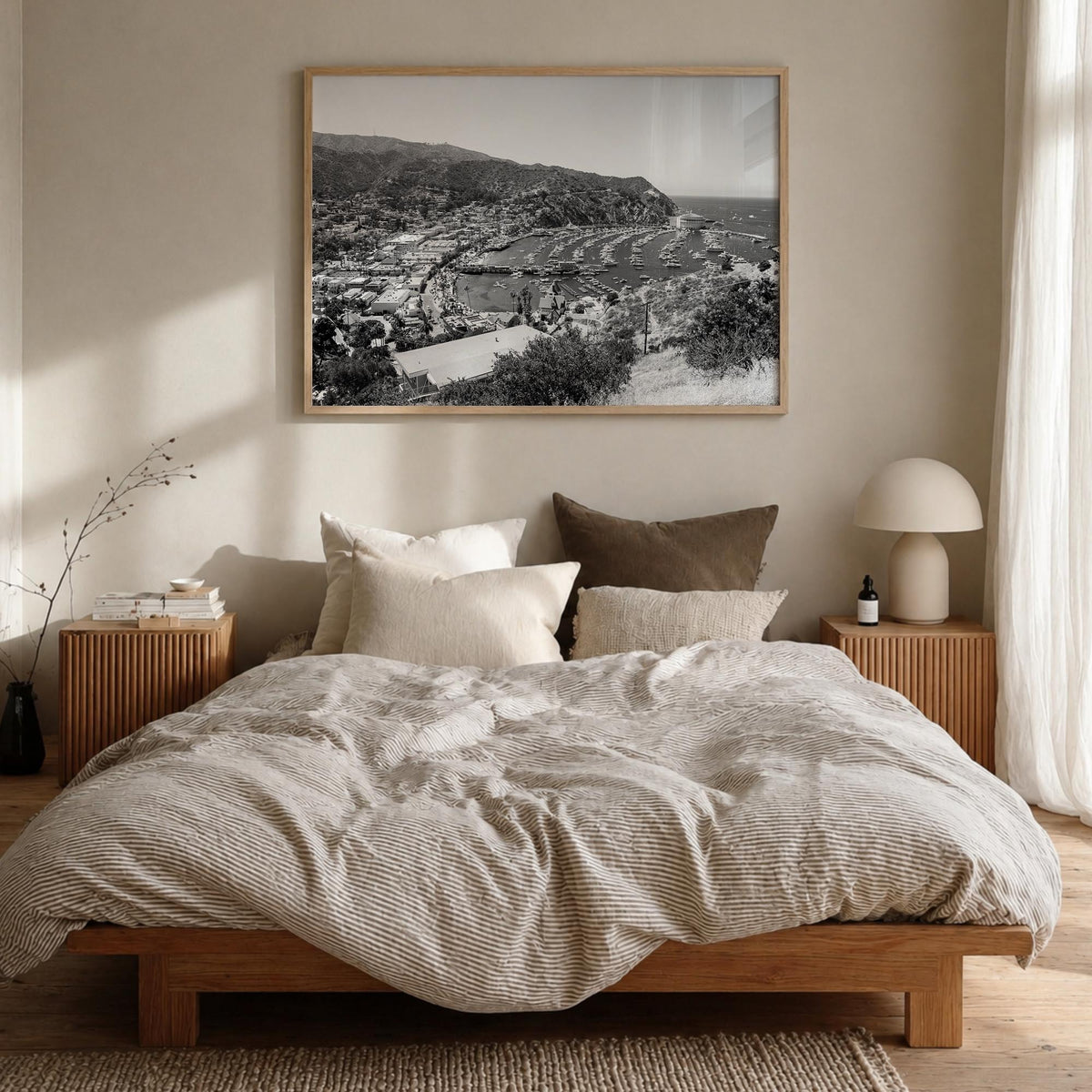 Santa Catalina Island black & white photo poster of California, USA – horizontal wall art in natural wood frame, hanging on w
