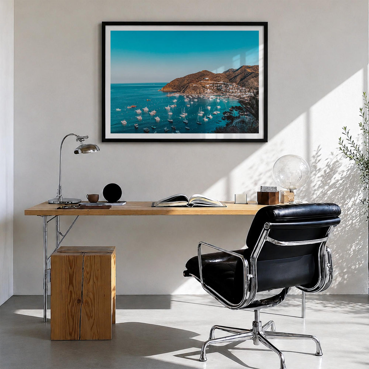 Santa Catalina Island colorful photo poster of California, USA – horizontal wall art in black wood frame with white border, h