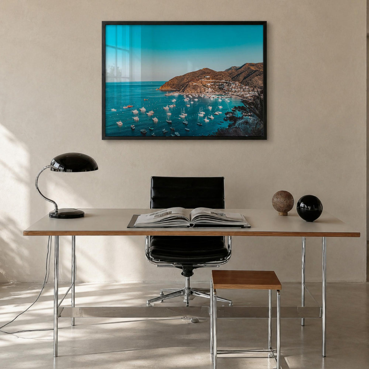 Santa Catalina Island colorful photo poster of California, USA – horizontal wall art in black wood frame, hanging on wall