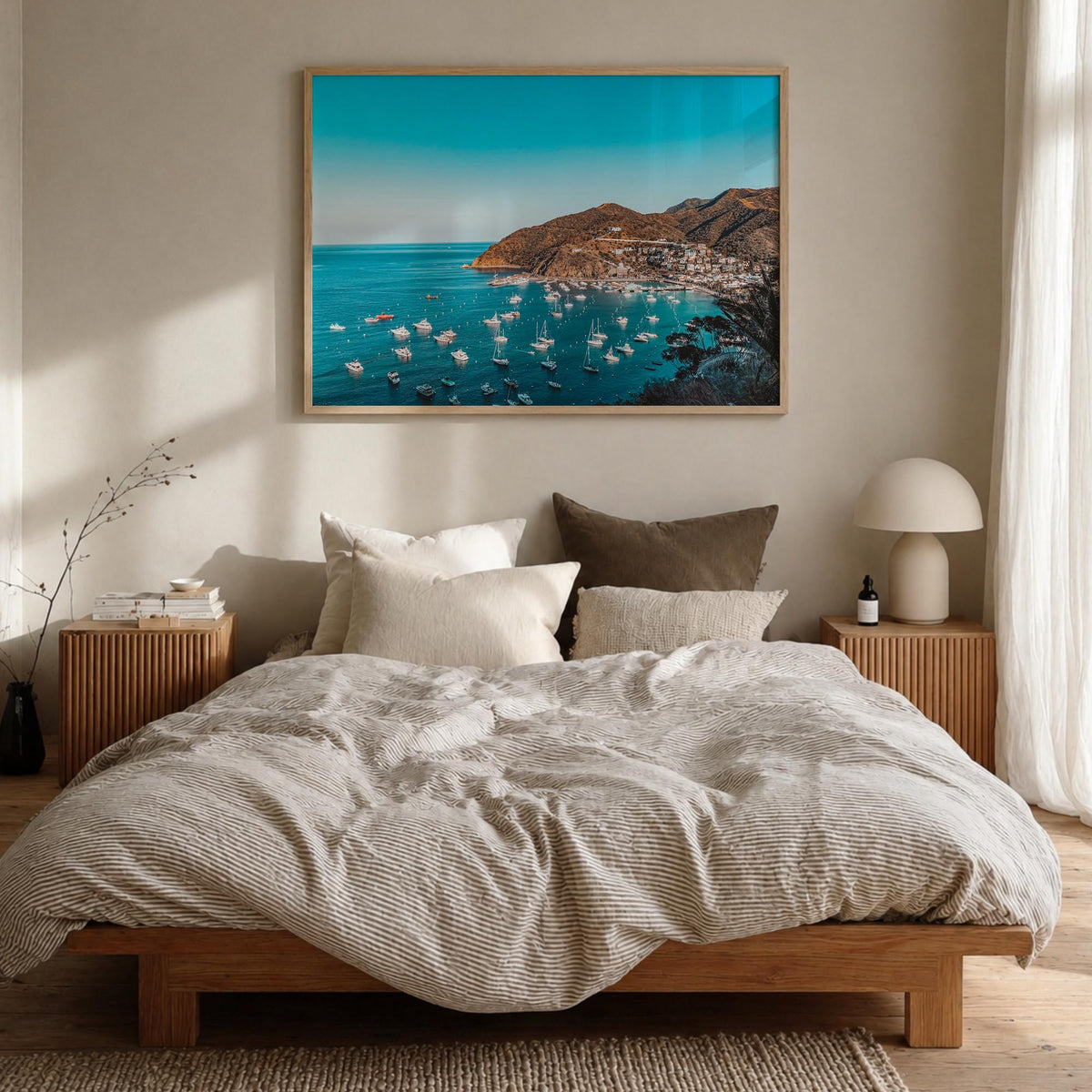 Santa Catalina Island colorful photo poster of California, USA – horizontal wall art in natural wood frame, hanging on wall