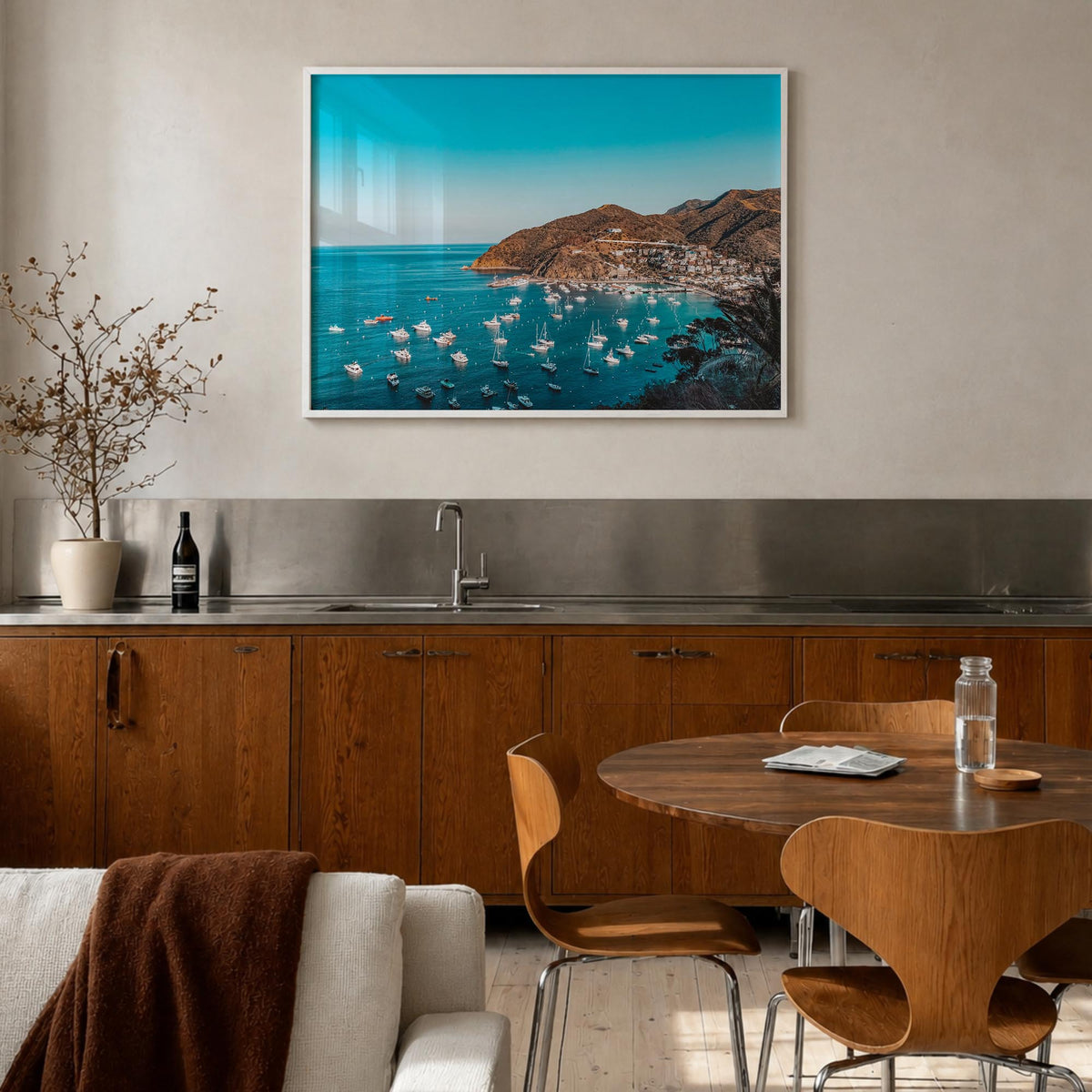 Santa Catalina Island colorful photo poster of California, USA – horizontal wall art in white wood frame, hanging on wall