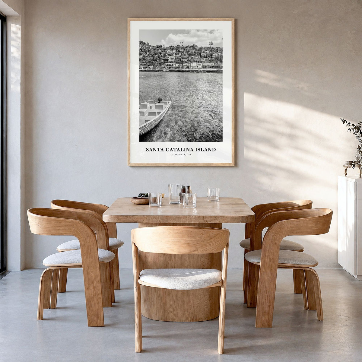 Santa Catalina Island Classic No 1 Poster in a natural wood frame, hanging in a dining room