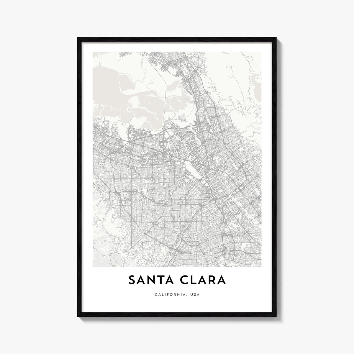 Santa Clara black & white map poster of California, USA – vertical wall art, unframed print shown in interior mockup