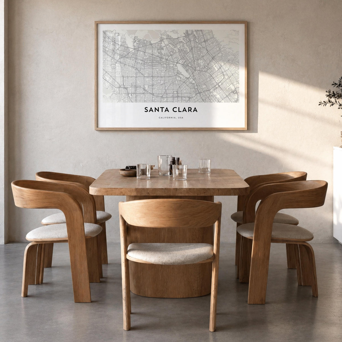 Santa Clara black & white map poster of California, USA – horizontal wall art in natural wood frame, hanging on wall