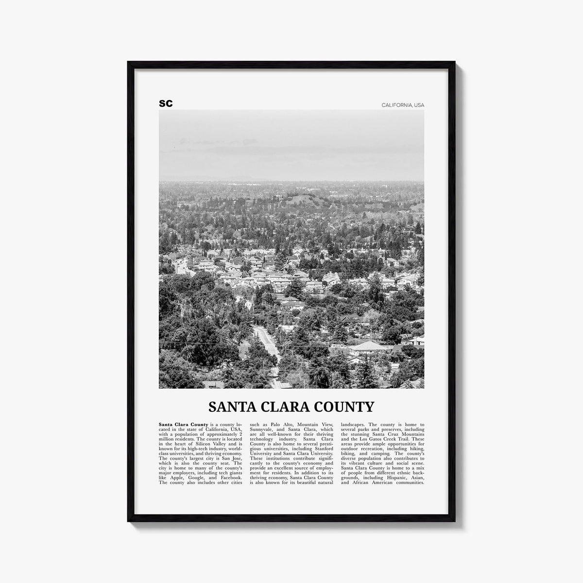 Santa Clara County black & white newspaper poster of California, USA – vertical wall art, unframed print shown in interior mo