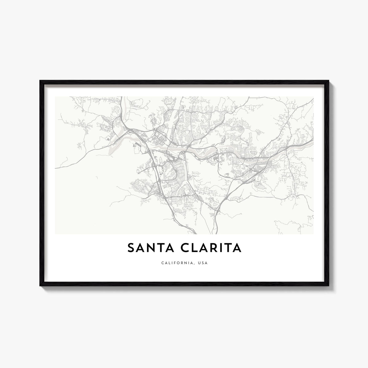 Santa Clarita black & white map poster of California, USA – horizontal wall art, unframed print shown in interior mockup