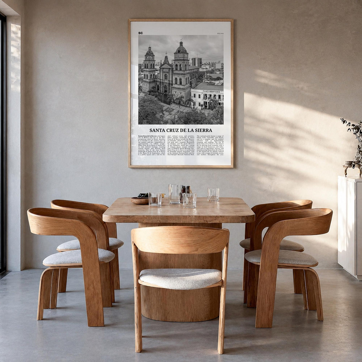 Santa Cruz de la Sierra black & white newspaper poster of Bolivia – vertical wall art in natural wood frame, hanging on wall