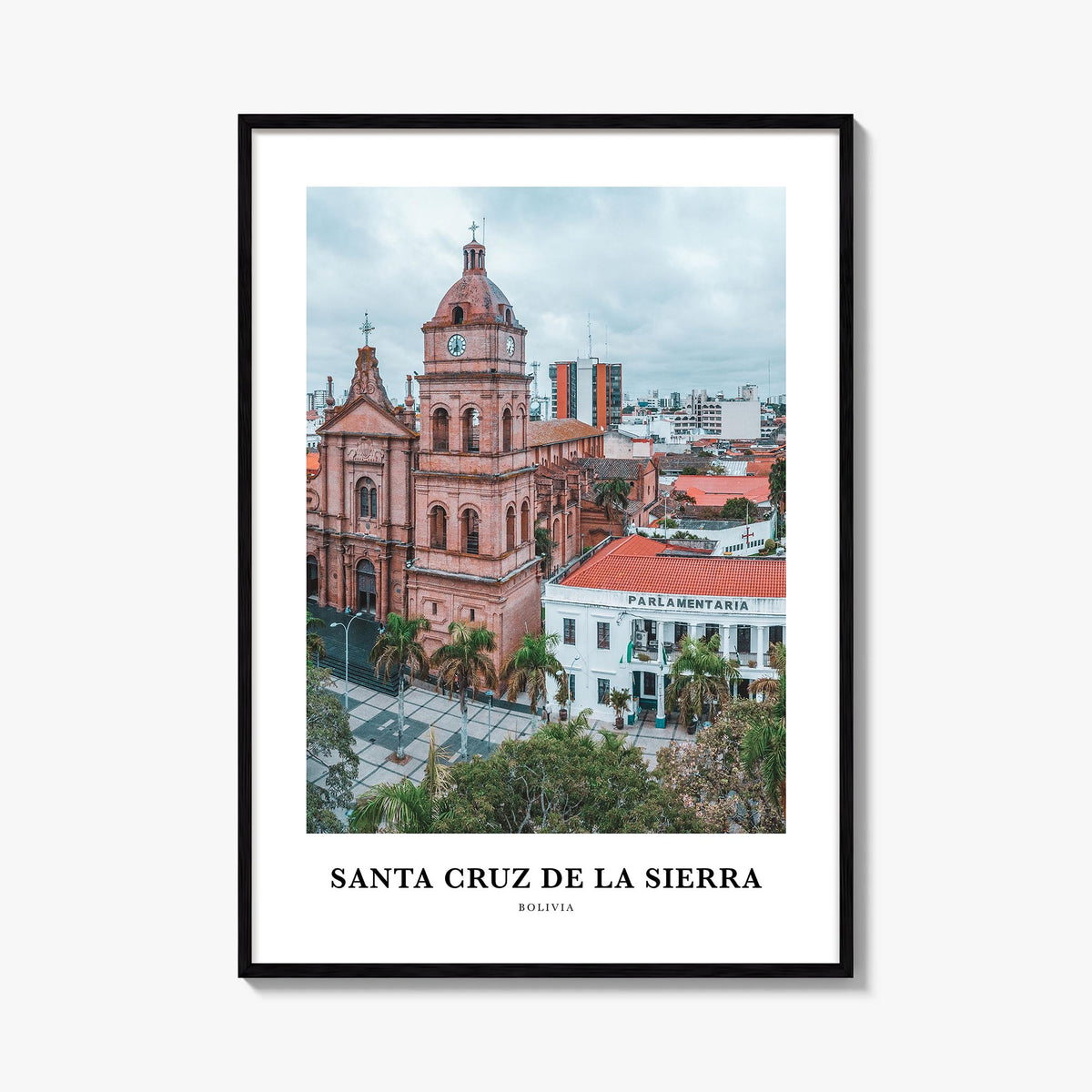 Santa Cruz de la Sierra colorful classic poster of Bolivia – vertical wall art, unframed print shown in interior mockup
