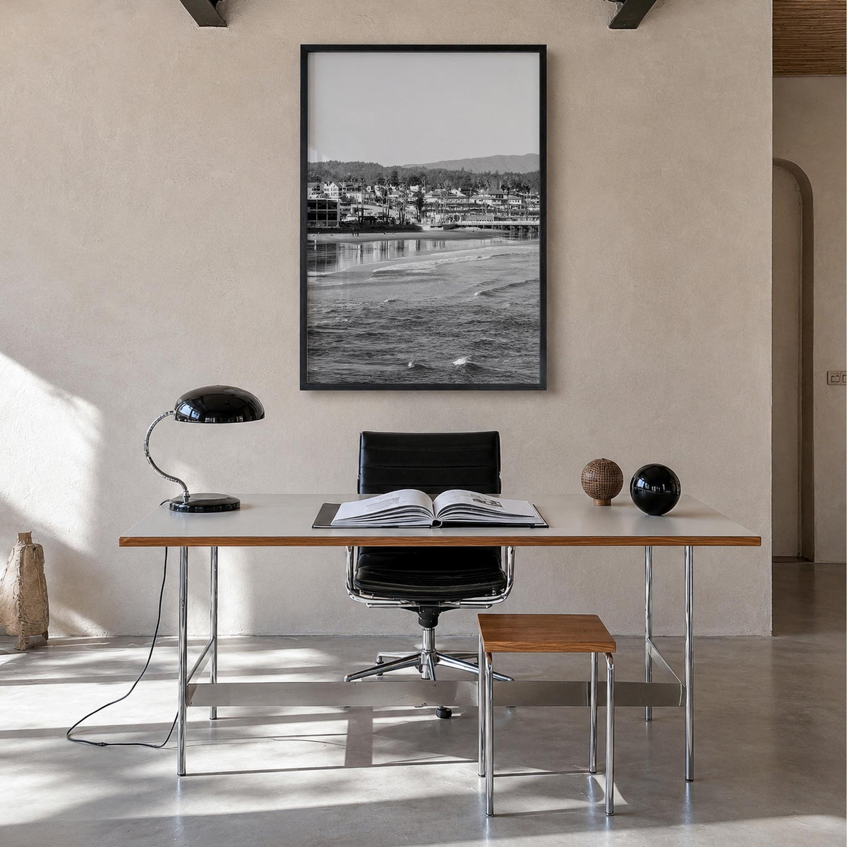 Santa Cruz no. 1 black & white photo poster of California, USA – vertical wall art in black wood frame, hanging on wall