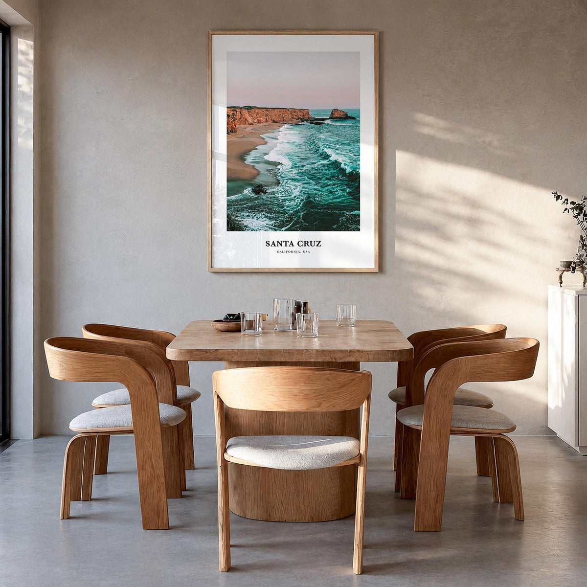 Santa Cruz no. 1 colorful classic poster of California, USA – vertical wall art in natural wood frame, hanging on wall