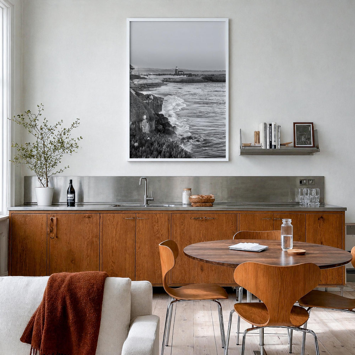 Santa Cruz no. 2 black & white photo poster of California, USA – vertical wall art in white wood frame, hanging on wall