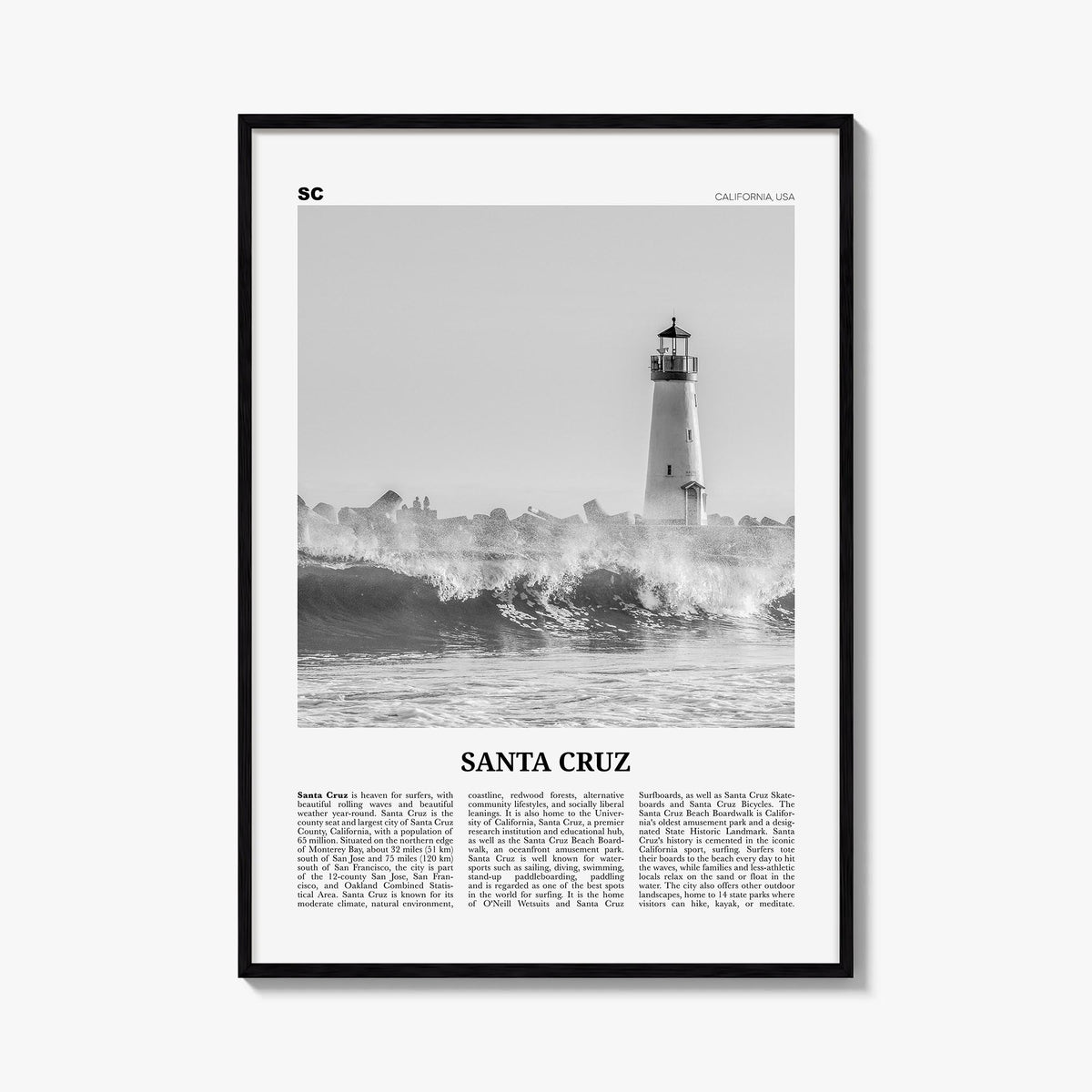 Santa Cruz no. 3 black & white newspaper poster of California, USA – vertical wall art, unframed print shown in interior mock