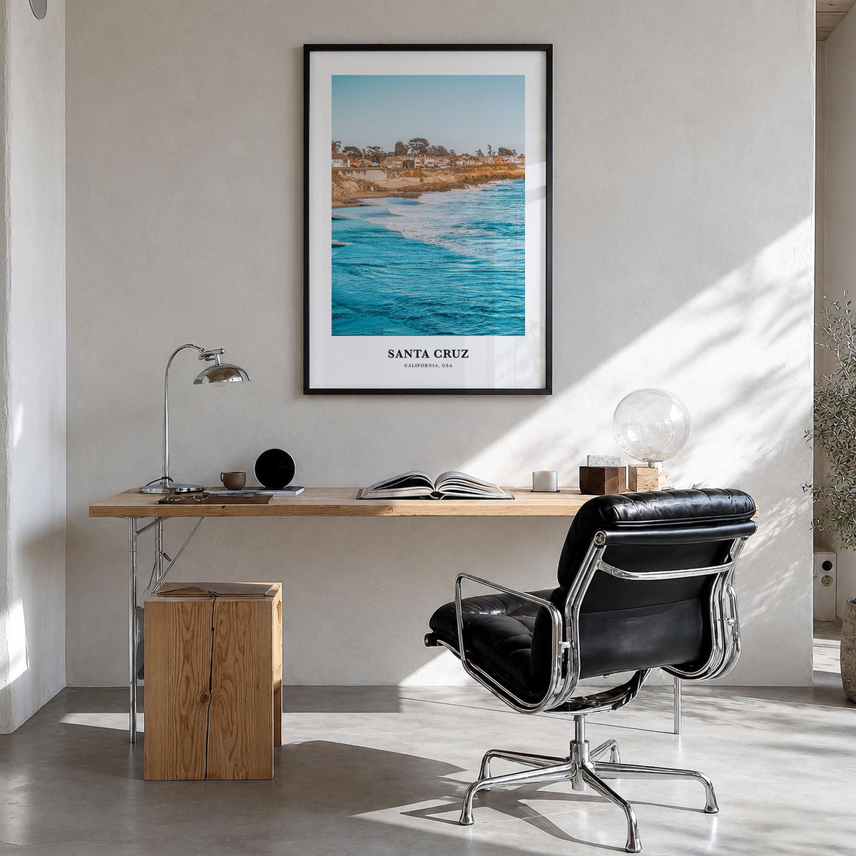 Santa Cruz no. 3 colorful classic poster of California, USA – vertical wall art in black wood frame, hanging on wall