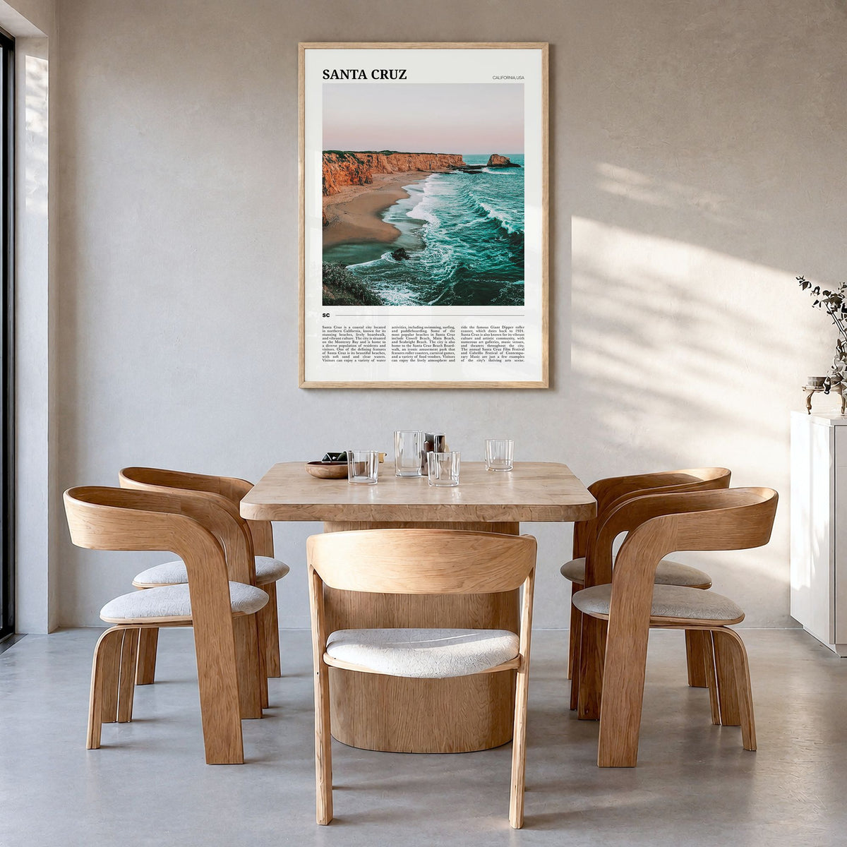 Santa Cruz, California Travel No 1 Poster in a natural wood frame, hanging in a dining room