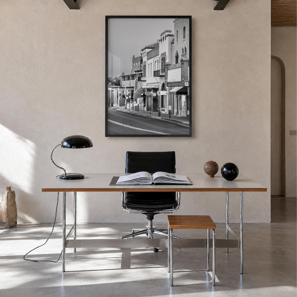 Santa Fe black & white photo poster of New Mexico, USA – vertical wall art in black wood frame, hanging on wall