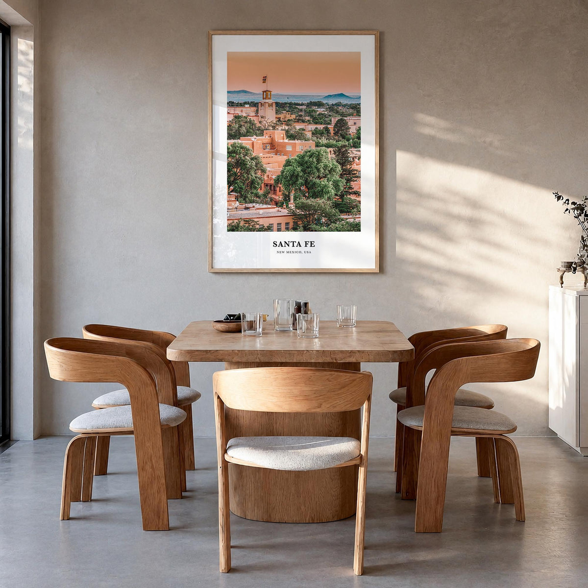 Santa Fe colorful classic poster of New Mexico, USA – vertical wall art in natural wood frame, hanging on wall