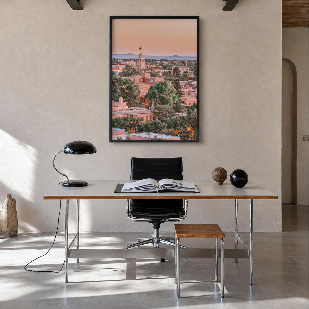 Santa Fe colorful photo poster of New Mexico, USA – vertical wall art in black wood frame, hanging on wall