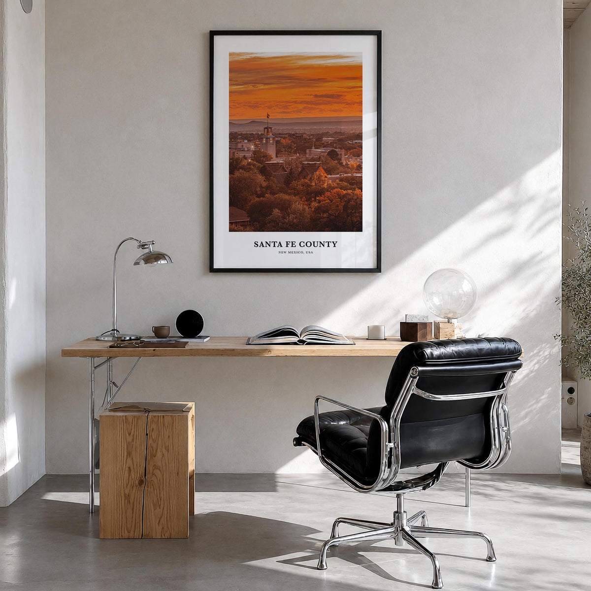 Santa Fe County colorful classic poster of New Mexico, USA – vertical wall art in black wood frame, hanging on wall