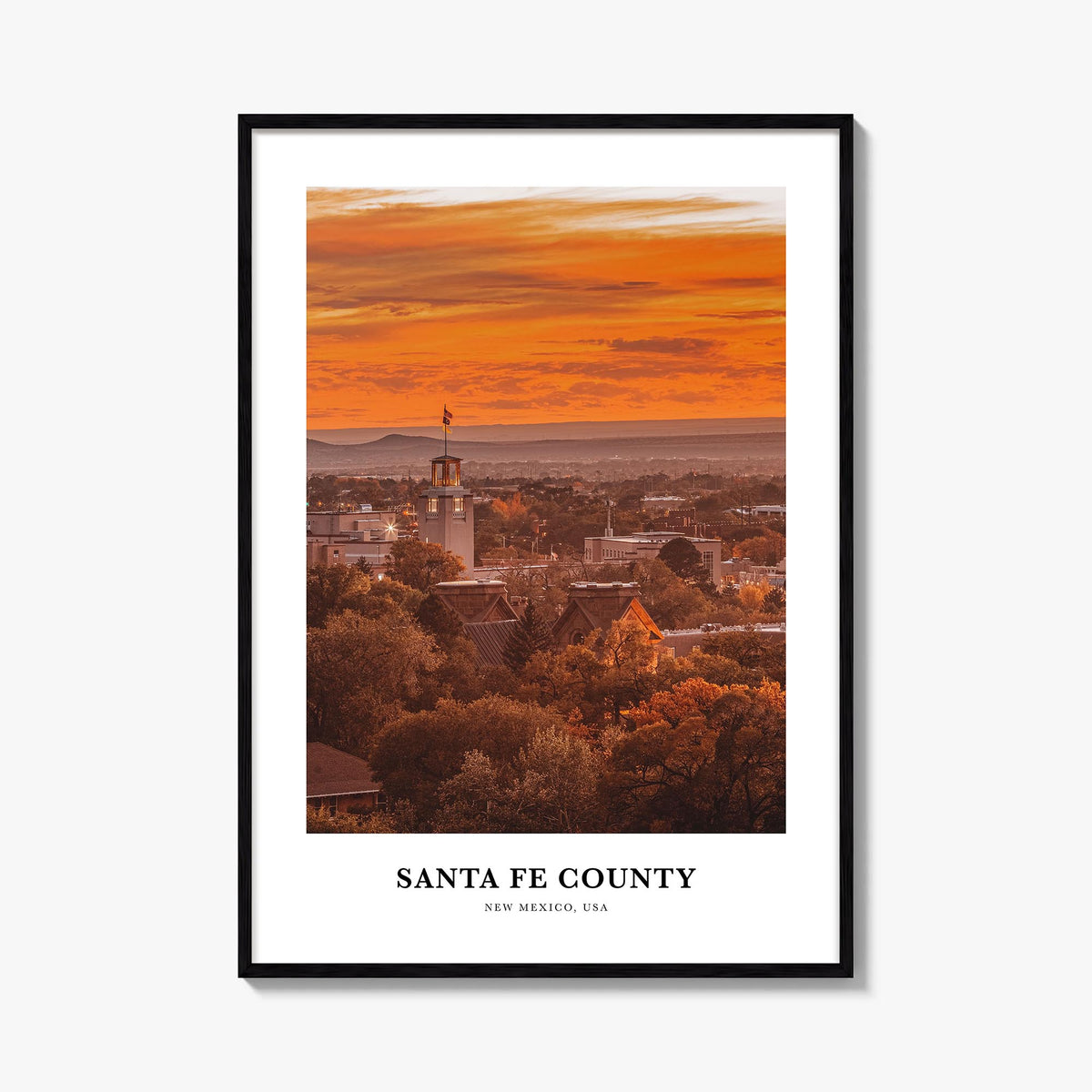 Santa Fe County colorful classic poster of New Mexico, USA – vertical wall art, unframed print shown in interior mockup