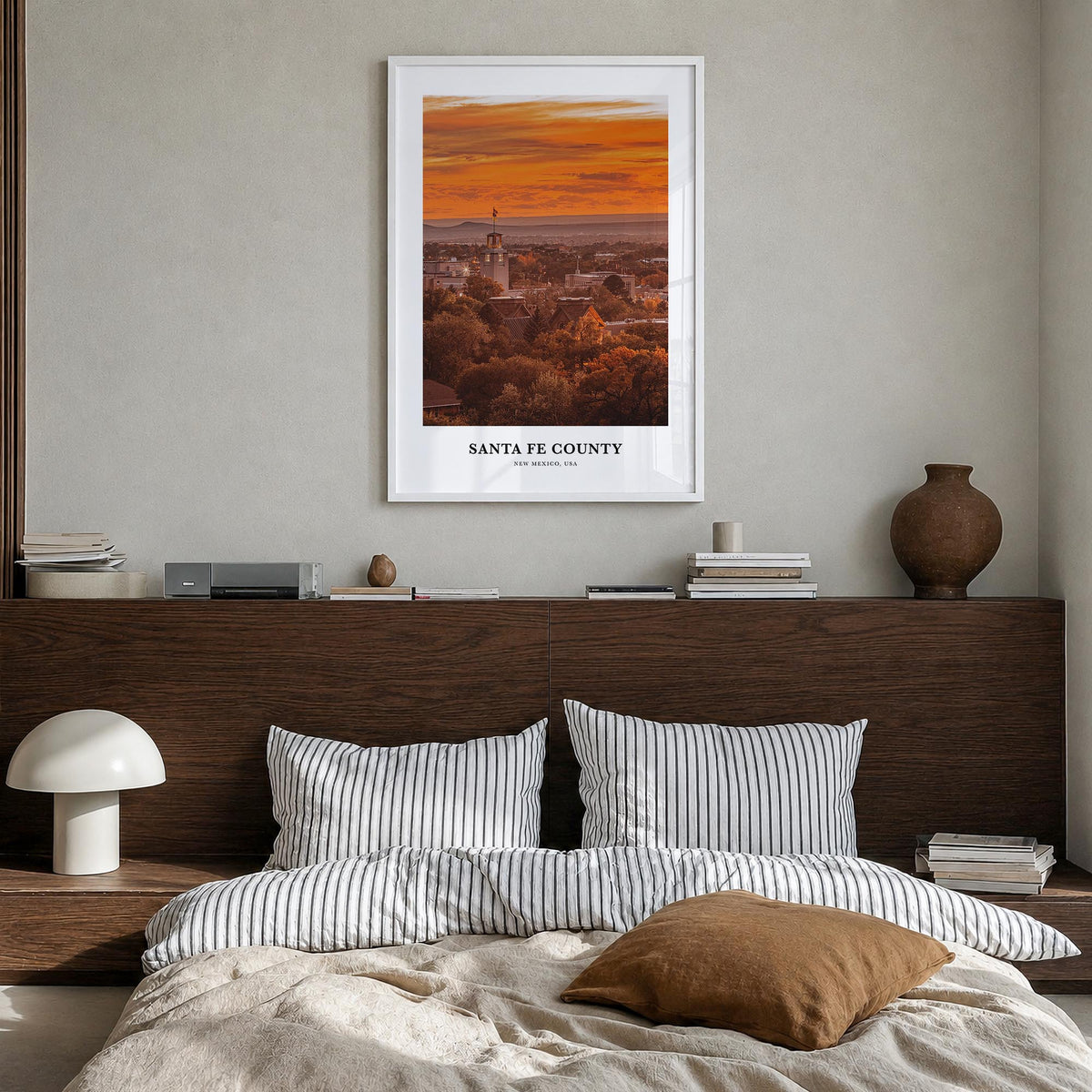 Santa Fe County colorful classic poster of New Mexico, USA – vertical wall art in white wood frame, hanging on wall