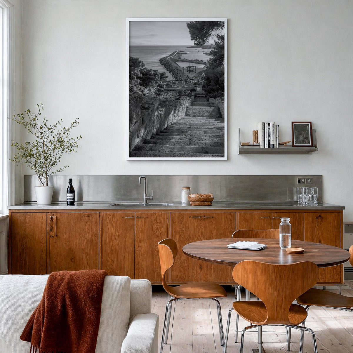 Santa Maria di Leuca black & white photo poster of Italy – vertical wall art in white wood frame, hanging on wall