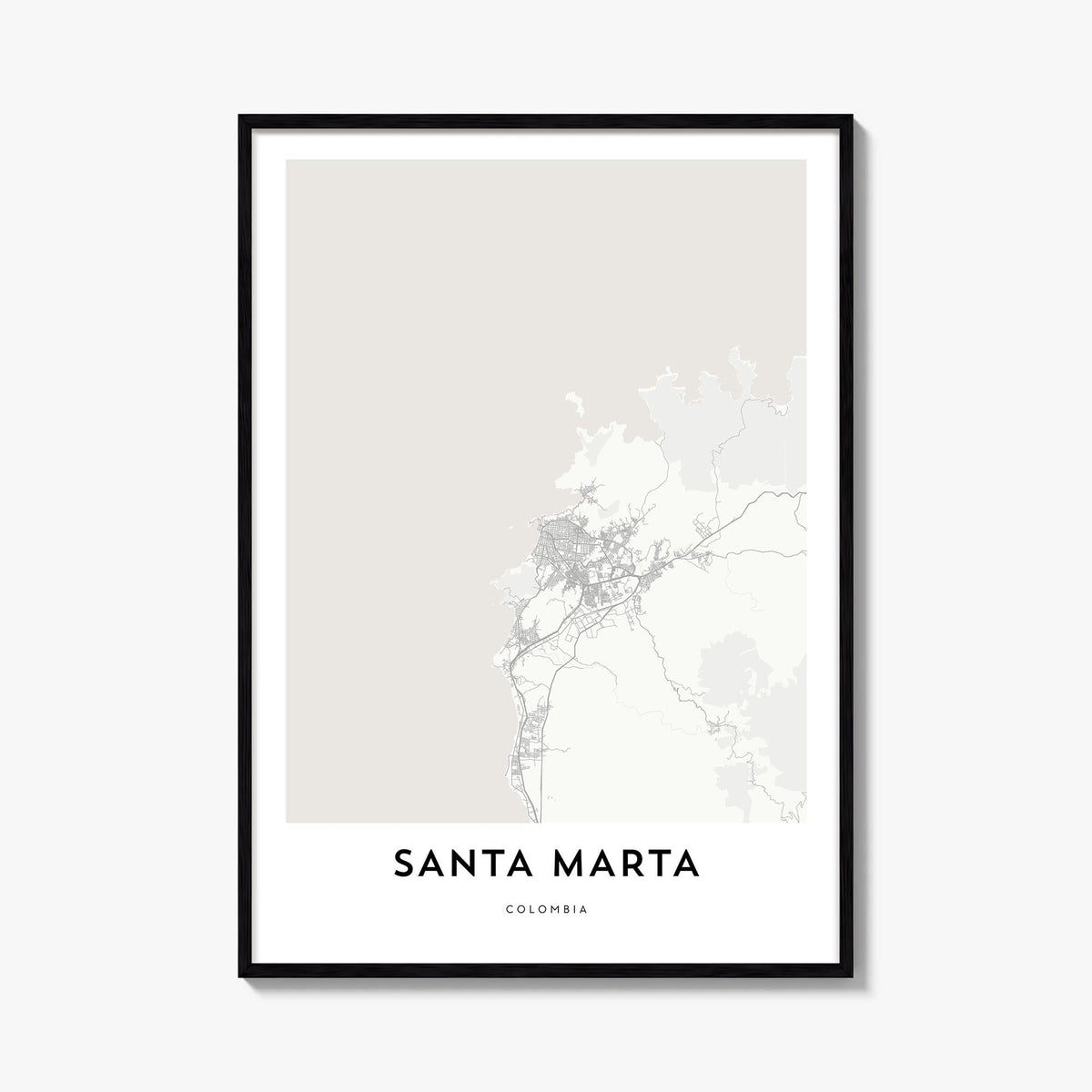 Santa Marta black & white map poster of Colombia – vertical wall art, unframed print shown in interior mockup