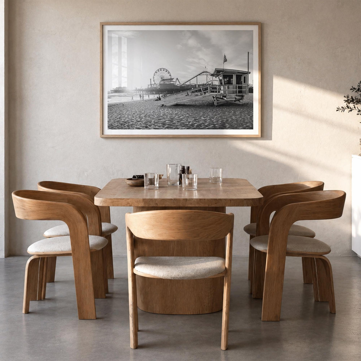 Santa Monica black & white photo poster of California, USA – horizontal wall art in natural wood frame with white border, han