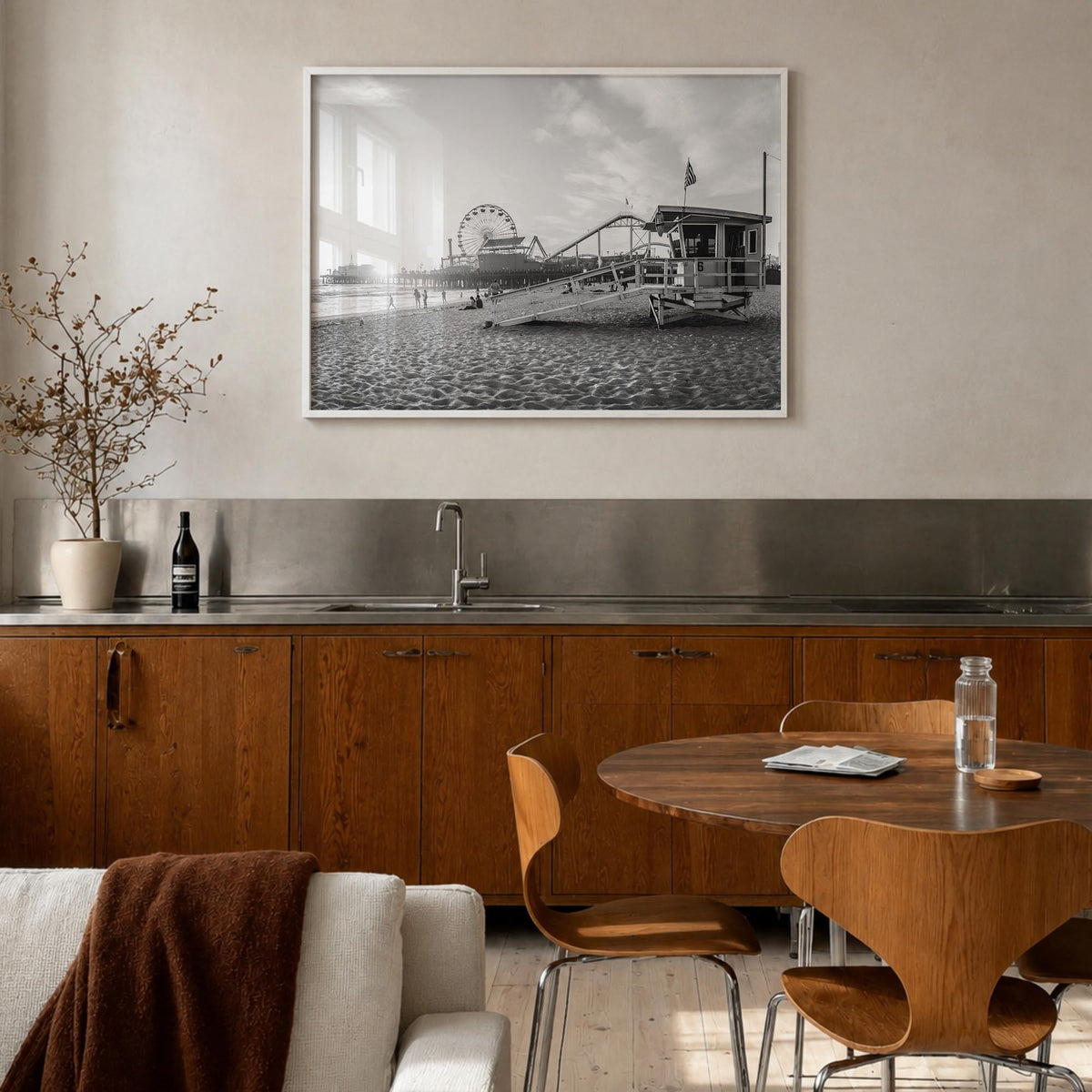 Santa Monica black & white photo poster of California, USA – horizontal wall art in white wood frame, hanging on wall