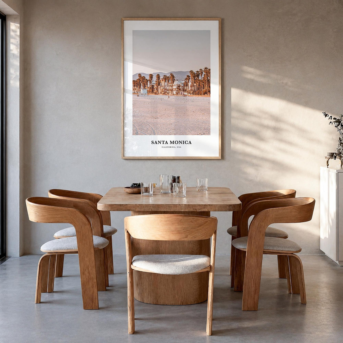 Santa Monica colorful classic poster of California, USA – vertical wall art in natural wood frame, hanging on wall