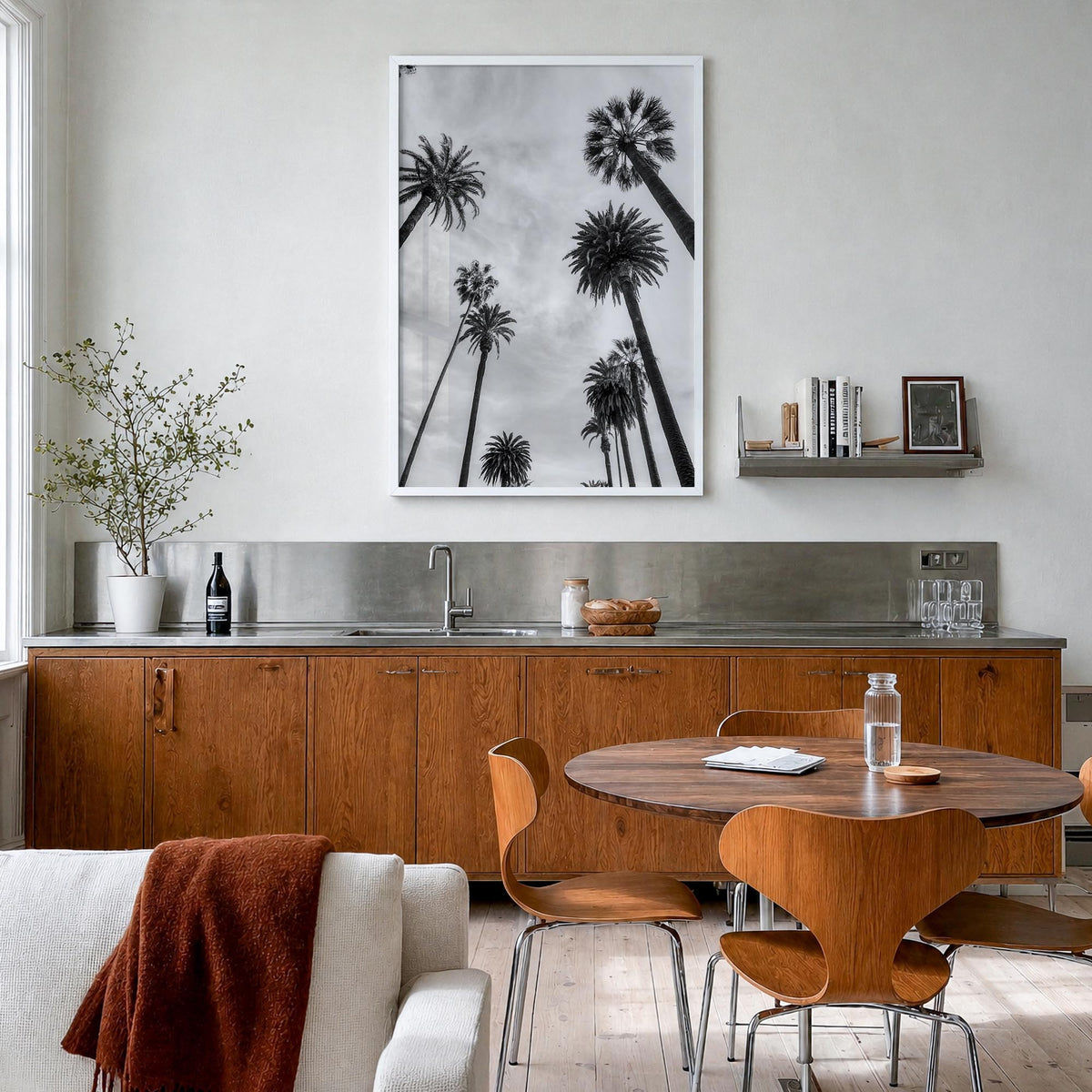Santa Monica no. 1 black & white photo poster of California, USA – vertical wall art in white wood frame, hanging on wall