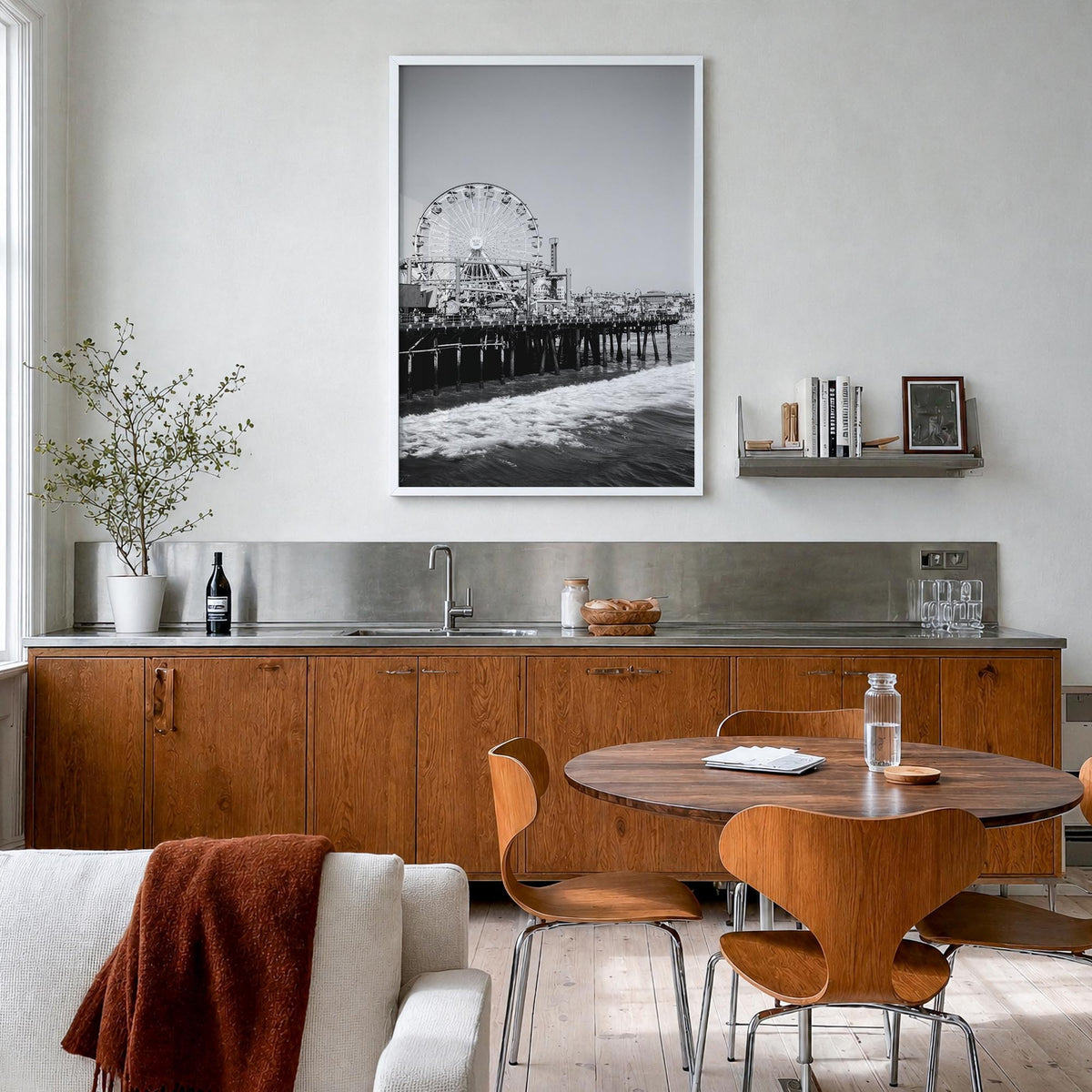 Santa Monica no. 2 black & white photo poster of California, USA – vertical wall art in white wood frame, hanging on wall