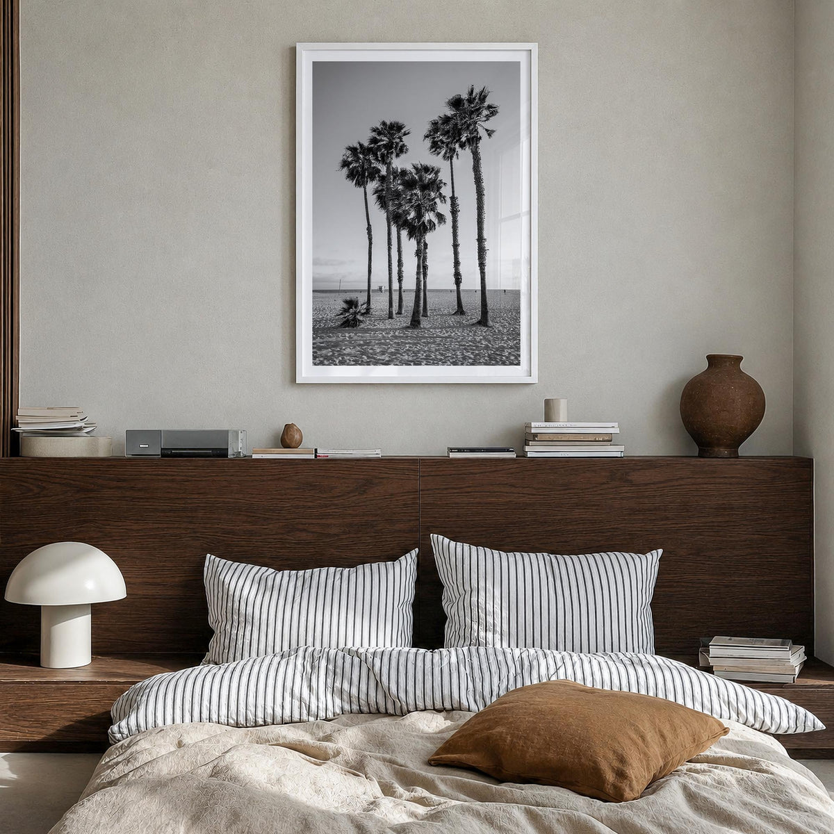 Santa Monica no. 3 black & white photo poster of California, USA – vertical wall art in white wood frame with white border, h