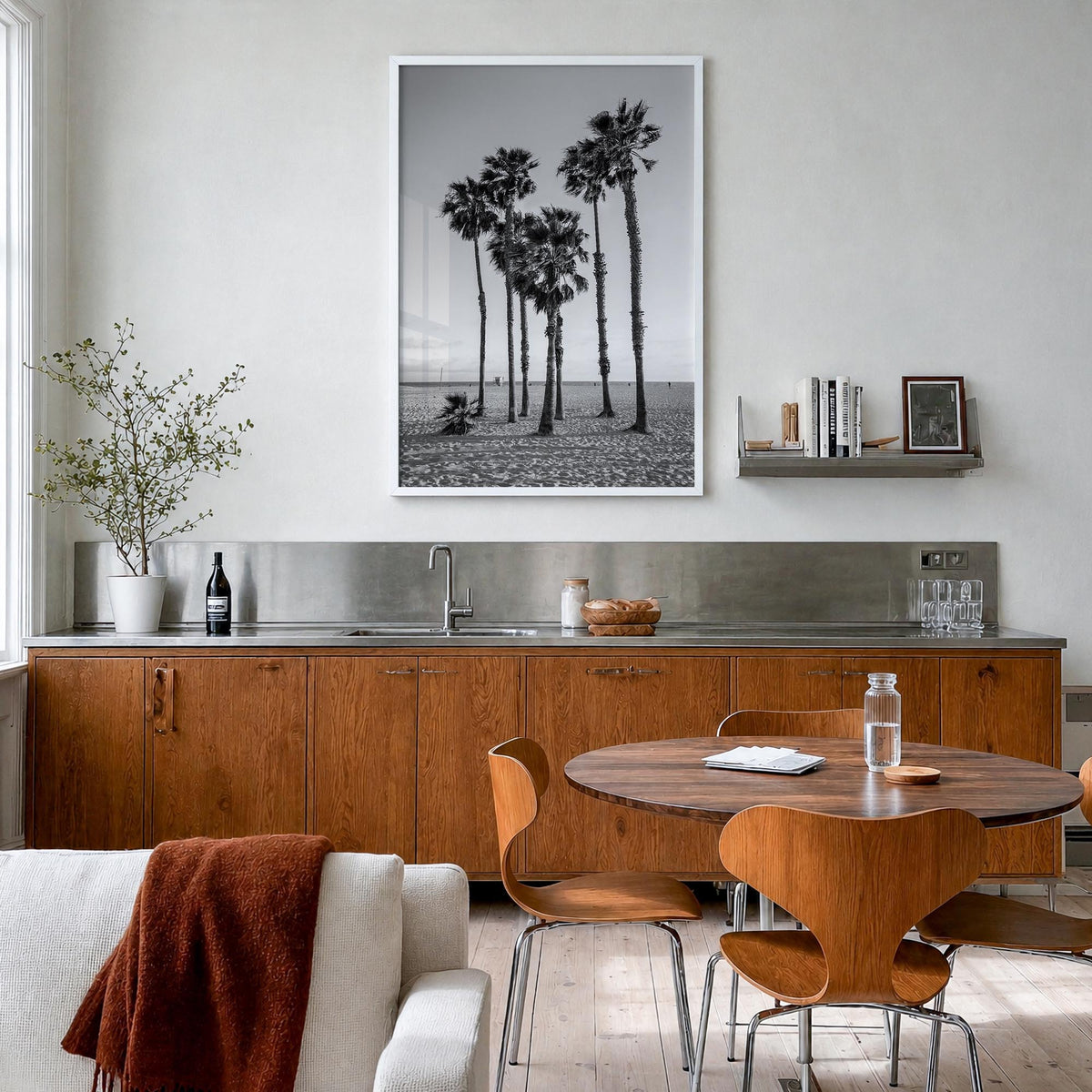 Santa Monica no. 3 black & white photo poster of California, USA – vertical wall art in white wood frame, hanging on wall